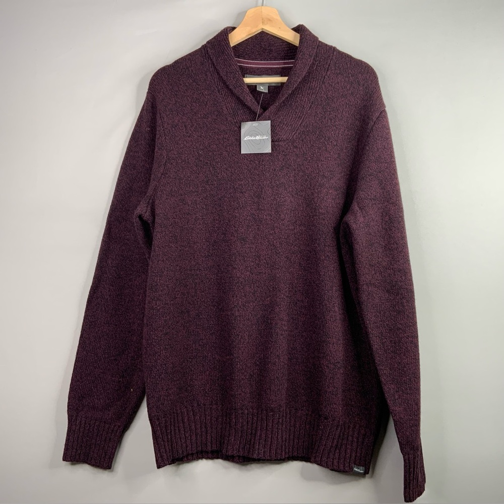 Eddie Bauer Purple Wool Blend Knit Crowl Pullover Cardigan Sweater Size L (NWT).